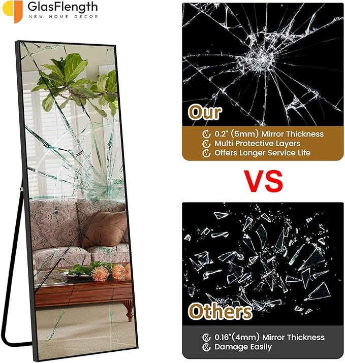 Arched Full Length Mirror, 57" x 20" Floor Mirror with Stand – Shatterproof Tempered Glass, Modern Aluminum Frame, Multi-Mount for Bedroom, Living Room, Gym, Black