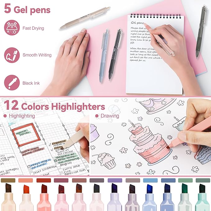 61 PCS Aesthetic School Supplies with Cute Pencil Case, Pastel Highlighters, Gel & Erasable Pens, Mechanical Pencils, Refills, Complete Essentials Stationery Kit for Students (Pink)