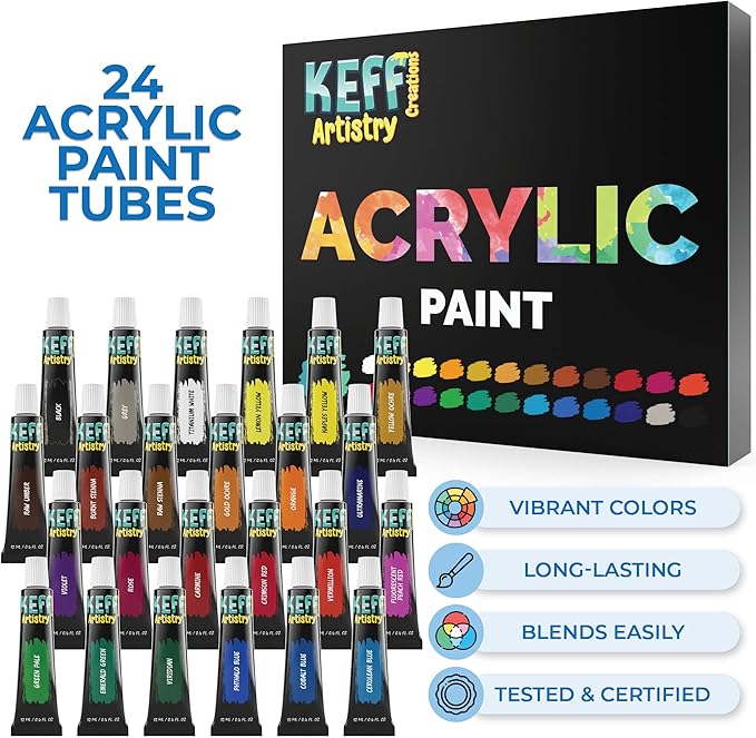 KEFF Creations Acrylic Paint Brush Set, 15 Premium Artist Brushes Kit, 24 Acrylic Paint Set, Paintbrush kit for Canvas, Wood, Fabric, Great Paint Supplies Set for Adults and Kids