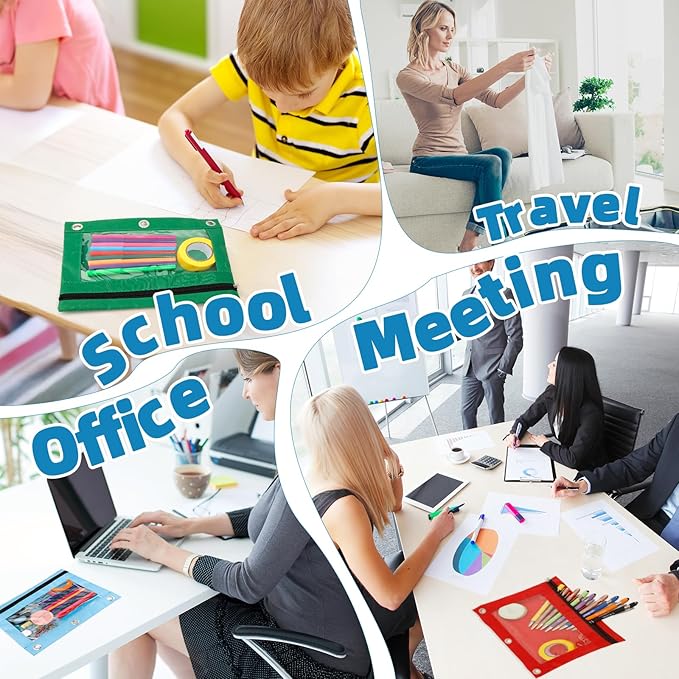 Pencil Pouch for 3 Ring Binder, 12 Pack Pencil Bags with Zipper, Large Capacity Pencil Case for Binder Assorted Color Pencil Case Pouch with Clear Window and Grommets Pencil Pocket for Office Supplies