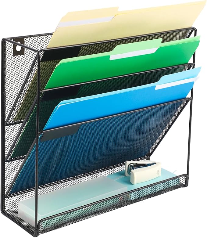 EASEPRES Desk File Organizer Mesh 4-Tier, Hanging Wall Mount Document Organization Stand, Desktop Vertical Mail Paper Folder Holder Rack with Bottom Tray for Office Home Cubicle Countertop, Black