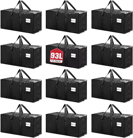 BETU Extra Large Moving Bags Heavy Duty Storage Bags with Zipper Handles, 12 Pack Clothes Storage Totes Bins Packing Moving Boxes, Moving Supplies for College Dorm Essentials, Space Saving, Black