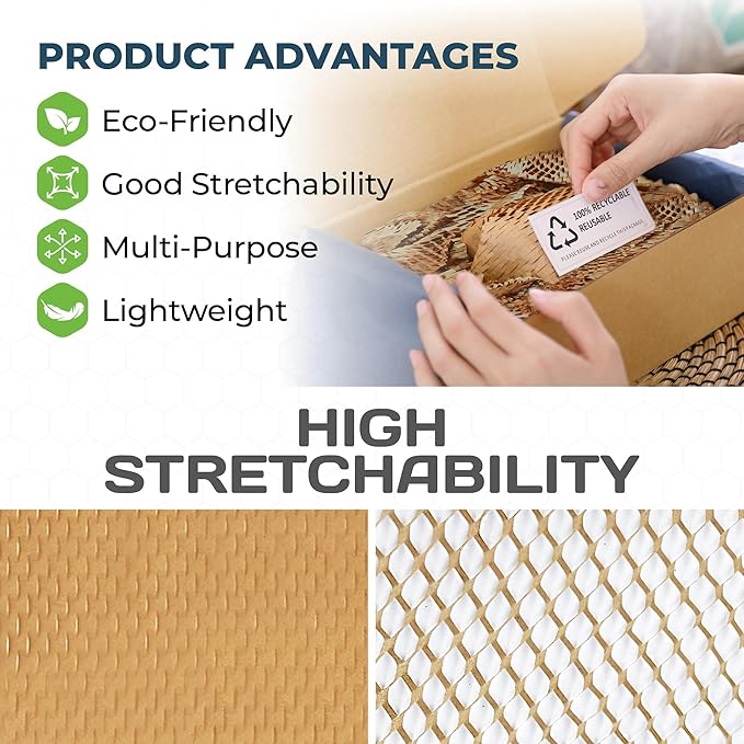 HexcelPack HexaFil Mini - Honeycomb Packing Paper, Eco-Friendly, Sustainable Filler for Shipping & Moving, Cushioned Packing Material in Dispenser Box, Alternative to Bubble Wrap - Natural, 12" x 850'