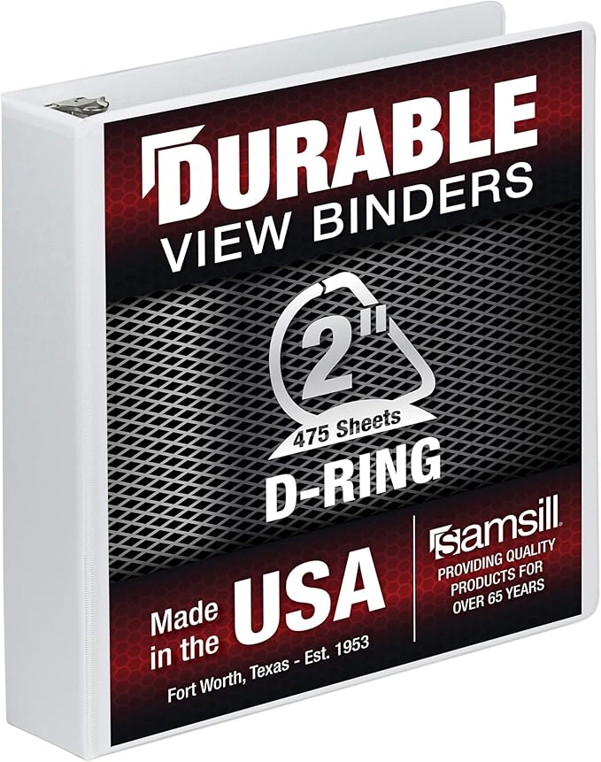 Samsill Durable 2 Inch Binder, Made in The USA, D Ring Binder, Customizable Clear View Cover, Pearl White, Holds 475 Pages
