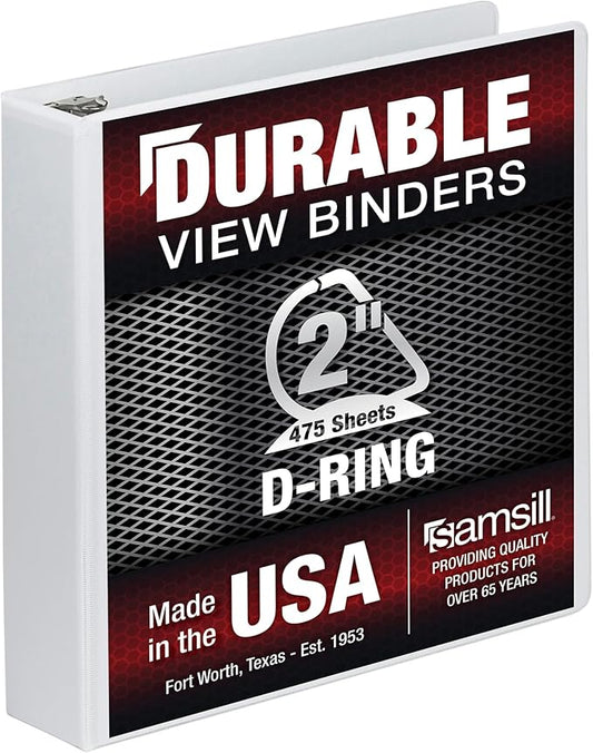 Samsill Durable 2 Inch Binder, Made in The USA, D Ring Binder, Customizable Clear View Cover, Pearl White, Holds 475 Pages