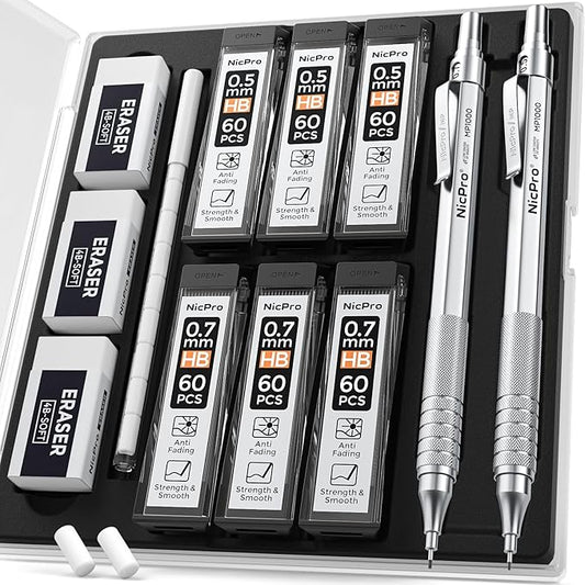 Nicpro 2 PCS Mechanical Pencil 0.5mm & 0.7 mm with Case, MP1000 Metal Artist Pencil Set with 6 Tubes HB Lead Refills, 3 Erasers, 9 Eraser Refills For Art Writing Drafting, Drawing, Sketch, Silver