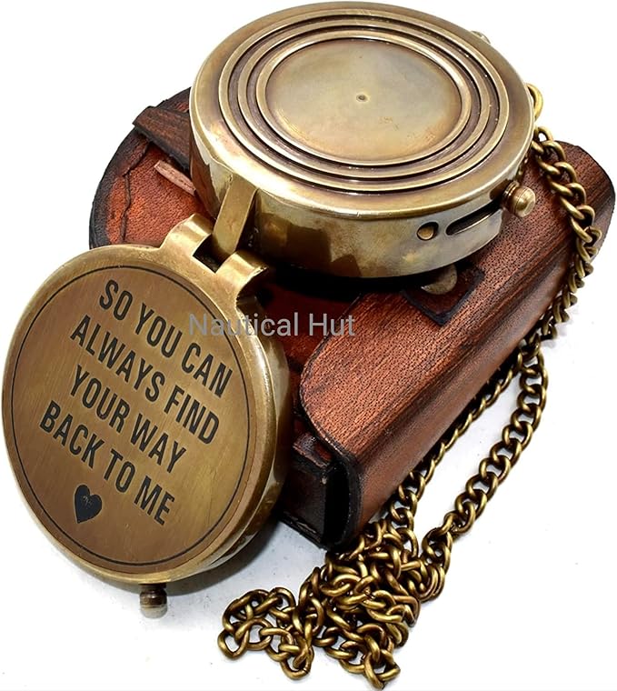“So You Can Always Find Your Way Back Home” Engraved Brass Compass With Premium Leather Case & Chain - Brass Pocket Compass - Personalized Compass Gift For Hiking,Husband, Him, Her,Son, Graduation Day