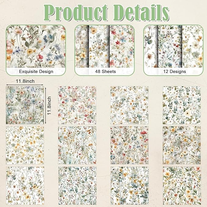 48 Sheets Floral Vintage Scrapbook Paper , Watercolor Vintage Floral Pattern Decorative Scrapbook Paper for Journals DIY Cards and Photo Albums,Aesthetic Craft Supplies for Kids and Adults