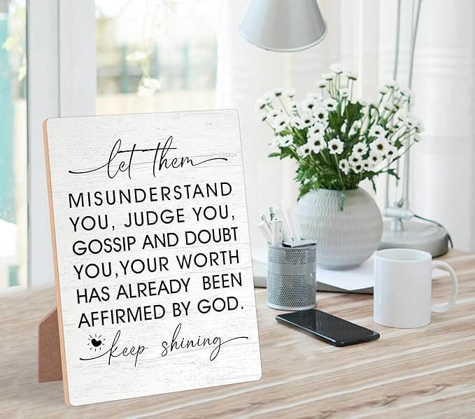 Desk Signs for Office, Mental Health Decorations, Inspirational Desk Decor, Home Decor Living Room, Coworker Gifts, Encouragement Gift for Women Men Friend, Christian Gift, Wooden Sign with Stand,2