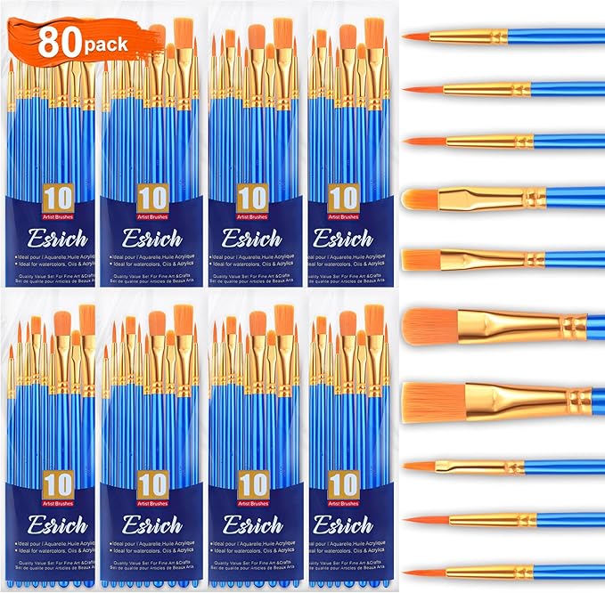 ESRICH Acrylic Paint Brushes Set,8Packs /80 Pcs Nylon Paintbrushes Head, Suitable for Acrylic Oil Watercolor Rock Body Face Nail Art Perfect Suit of Art Painting, Best Gift for Kids Adult Drawing