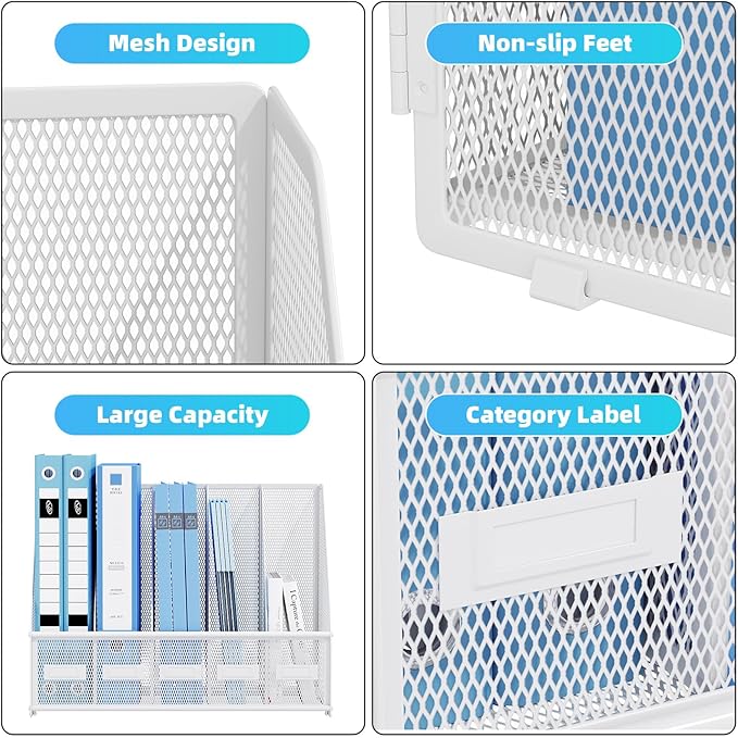 Marbrasse File Organizer for Desk,Desk File Organizer with 5 Vertical Compartments Mesh Magazine File Holder for Office Home School