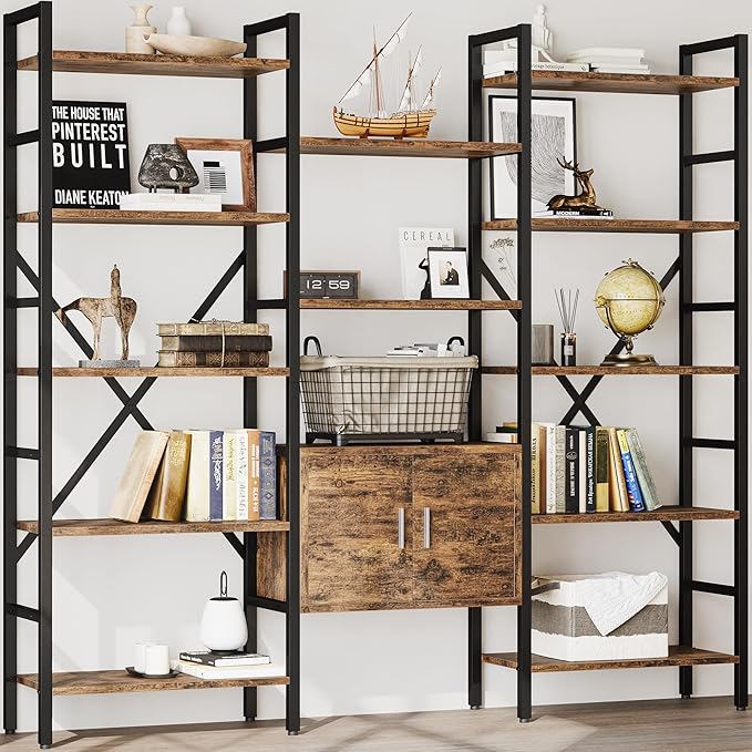 70 x70" Triple 5 Tier Book Shelf, Industrial Large Bookcase with Storage Cabinet, Tall Bookshelf with 14 Open Display Shelves Metal Frame Furniture for Living Room Bedroom Home Office Rustic Brown