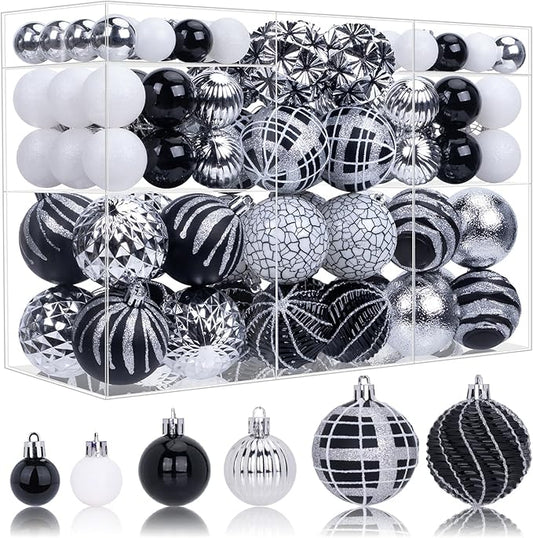 100ct Christmas Ball Ornaments Set, Black Silver and White Shatterproof Hand-Painted Hanging Baubles Decoration Bulk for Xmas Tree, Wreath, Garland, Home Holiday Decor