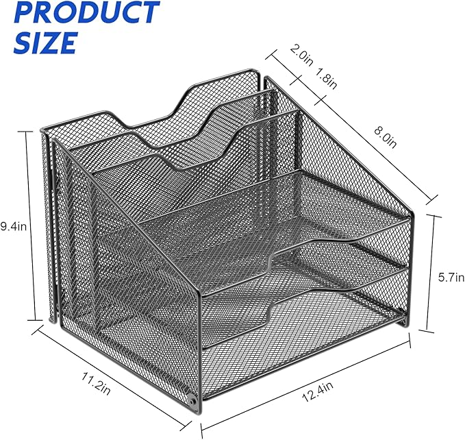 Samstar Desk File Organizer, Mesh Letter File Folder Holder with 3 Paper Trays and 2 Vertical Upright Section, for Office Supplies,Desk Accessories & Workspace,Black.