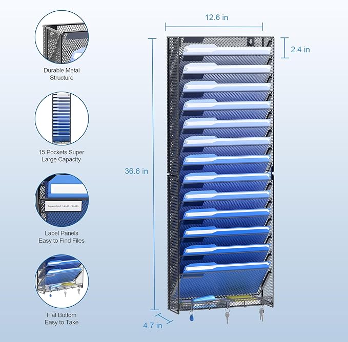 OUTWOLF 15 Tier Wall File Organizer with Hooks, Hanging Wall File Holder Wall Mount Paper Folder Organizer for Office, Magazine Rack