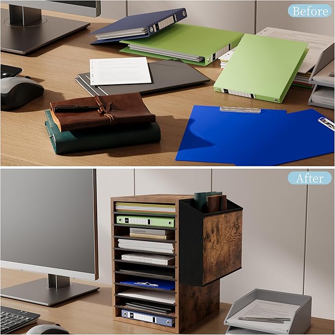 Office Mail Sorter, Wooden Paper Organizer with Storage Bag, 10 Tier Adjustable Classroom Mailbox, Removable Classroom Organization, Teacher Desk Organization for Office, Study, Brown