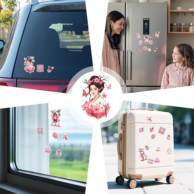 105 PCS Cherry Blossom Stickers Pack, Sakura Floral Pink Vinyl Waterproof Decals, Flower Laptop Water Bottle Scrapbook Sticker Gift for Kids Teens Adults Birthday Christmas
