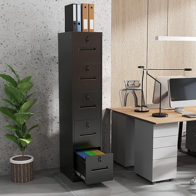 5 Drawer File Cabinet with 5 Locks, Metal Filing Cabinet Heavy Duty Vertical File Cabinets for Home Office, Steel File Storage Cabinets for Letter/Legal File Folders, Assembly Required (Black)