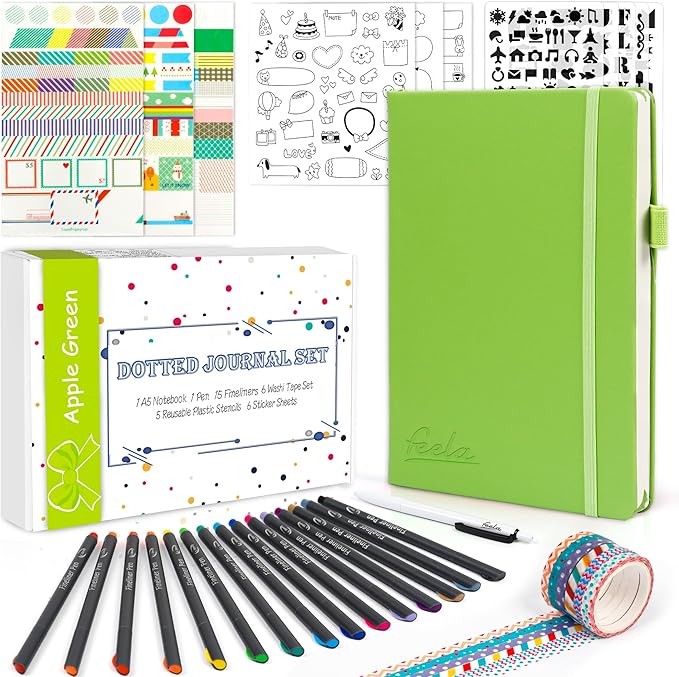 Dotted Journal Kit, Feela Dot Grid Journal Hardcover Planner Notebook Set For Beginners Women Girls Note Taking with Journaling Supplies Stencils Stickers Pens Accessories, A5, 224 Pages, Apple Green