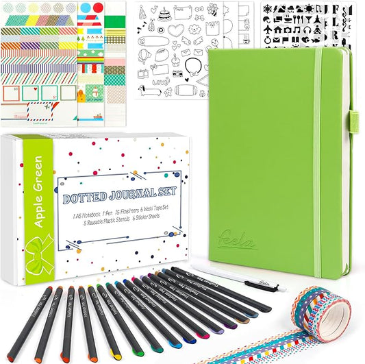 Dotted Journal Kit, Feela Dot Grid Journal Hardcover Planner Notebook Set For Beginners Women Girls Note Taking with Journaling Supplies Stencils Stickers Pens Accessories, A5, 224 Pages, Apple Green
