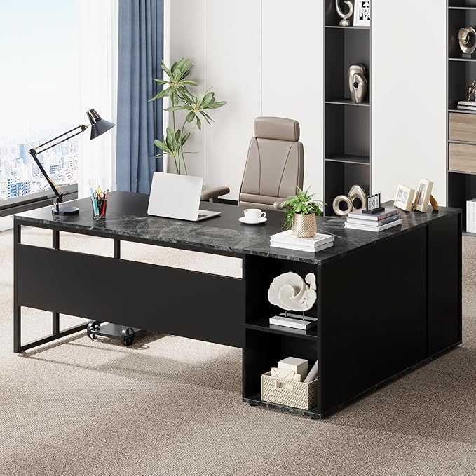 Tribesigns 71 inch Executive Desk, L Shaped Desk with Cabinet Storage, Executive Office Desk with Shelves, Business Furniture Set Workstation for Home Office, Black