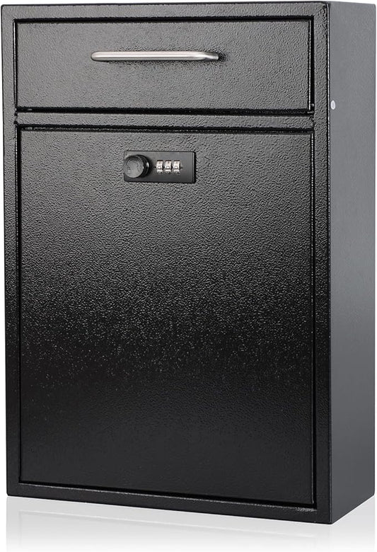 KYODOLED Steel Combination Lock Mail Boxes Outdoor,Locking Wall Mount Mailbox,Security Lock Drop Box,Collection Boxes,16.2H x 11.22L x 4.72W Inches,Black X Large