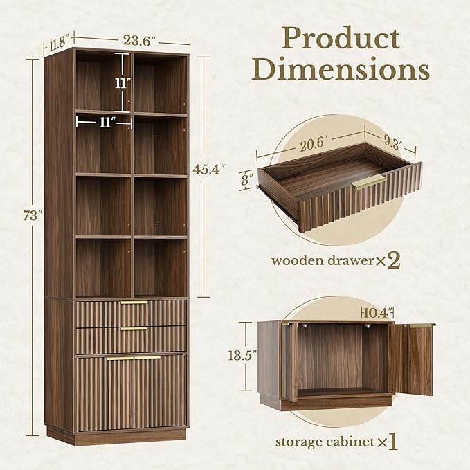 Bookshelf, Bookcase with Doors and 2 Drawers, Fluted Tall Bookshelf with 4-Tier Storage Shelves, 73 inch Wooden Book Shelf for Home Office, Living Room, Black Walnut