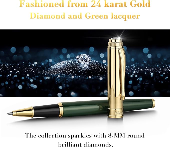 Luxury Rollerball, With 8mm Brilliant diamond,Green Lacquer Pen, Attractive 24K Gold Finish, Schmidt Ink Refill,Glitter Fancy Pens Gifts for Men & Women, Office, Executive, Nice Designer pens