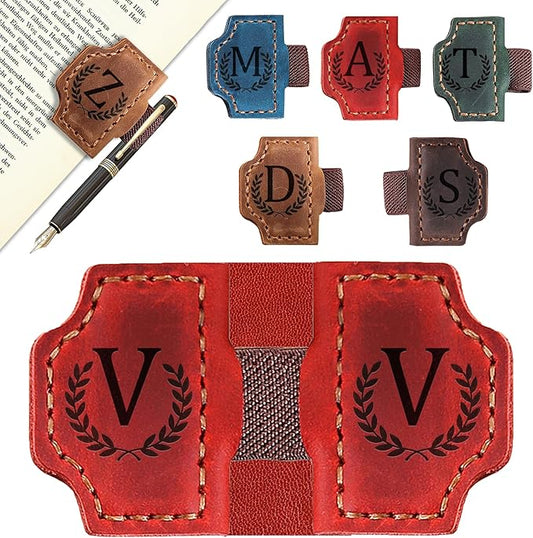 Bygone Mark Bookmark with Pen Holder, 26 Letters Name Initial Personalized Magnetic Bookmarks, Leather Book Mark for Men Women, Travelers Accessories, Teachers Readers Book Lovers Gifts (Red, V)