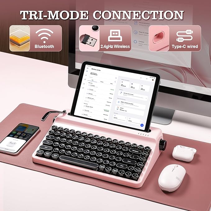 YUNZII QL75 Wireless Typewriter Hot Swap Retro Mechanical Keyboard,Punk Round Keycaps,RGB Backlit QMK/VIA Programmable,Multi-Device Keyboard with 2.4GHz/Type-C/BT5.0 (Pink, Cocoa Cream V2 Switch)