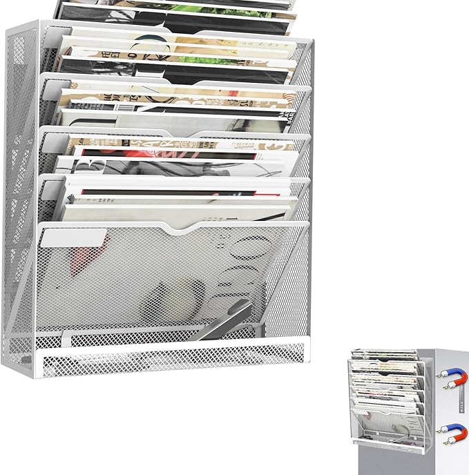 6 Tier Magnetic File Holder, Large Capacity Mesh Hanging Wall Organizer Vertical Magnetic Hanging File Organizer, Magnetic File Folder Holder for File Cabinets, Office, Whiteboard (White)