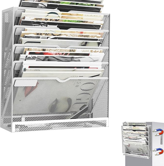 6 Tier Magnetic File Holder, Large Capacity Mesh Hanging Wall Organizer Vertical Magnetic Hanging File Organizer, Magnetic File Folder Holder for File Cabinets, Office, Whiteboard (White)