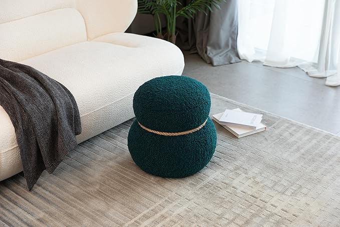 MEETAKING Small Round Foot Stool, Teddy Fabric Footrest Ottoman Stool with Non-Skid Legs, Modern Footstools Step for Couch, Desk, Office, Living Room (Green)