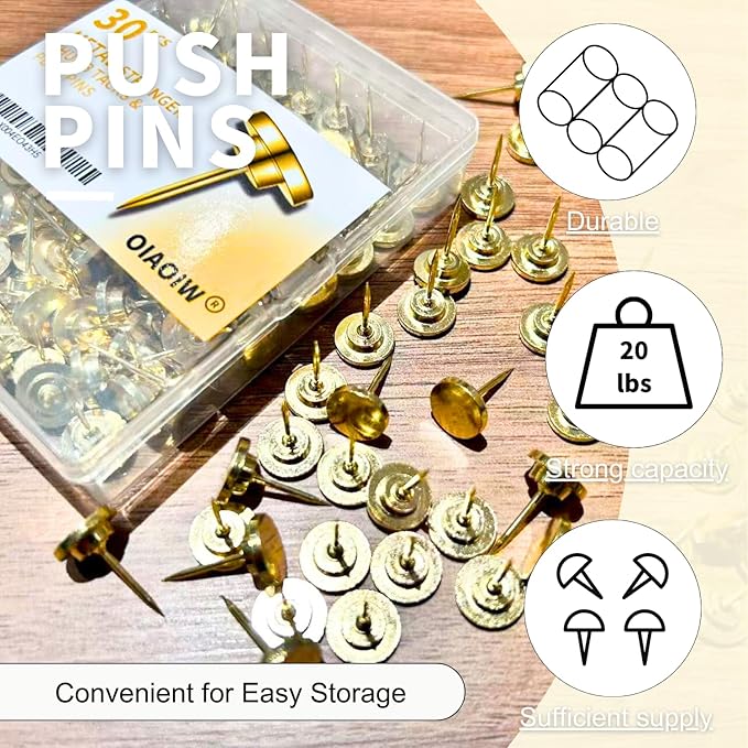 30 PCS Metal Gold Push Pins for Wall Clear Thumb Tacks for Walls Flat thumbtacks Push pin for Bulletin Board Shadow Box Display Thumbtack for Cork Board (Gold)