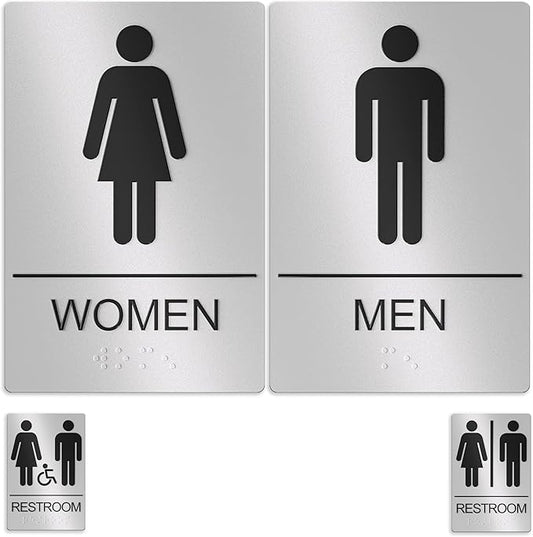 Unisex Bathroom Signs, Restroom Sign For Business - For Men and Women - 9" by 6" - ADA Compliant with Braille - Strong Double-Sided Adhesives Included - Apply to Office, Home, Public Door/Wall
