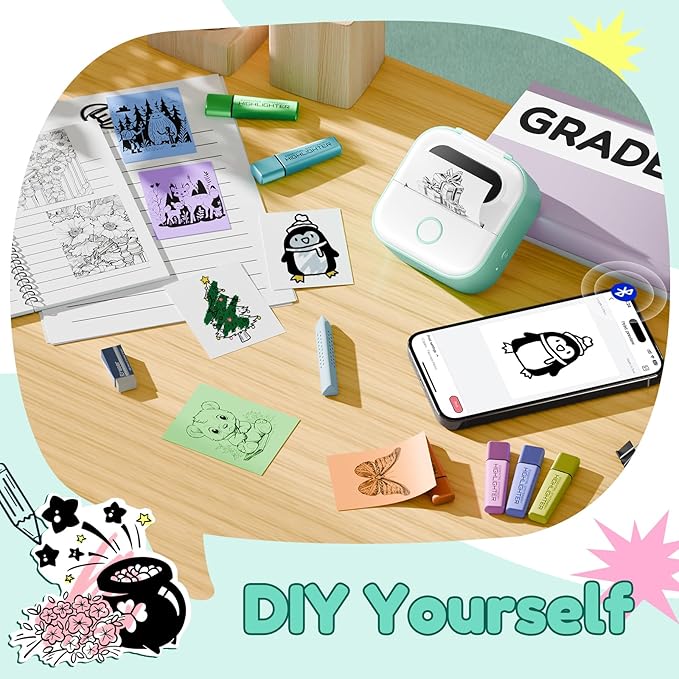 Sticker Printer Y02C, Portable Mini Sticker Maker Y02C, Mini Printer Sticker Machine with 1 Roll Paper, Bluetooth Thermal Portable Inkless Receipt Machine for Learning, Note, Photos, Journal