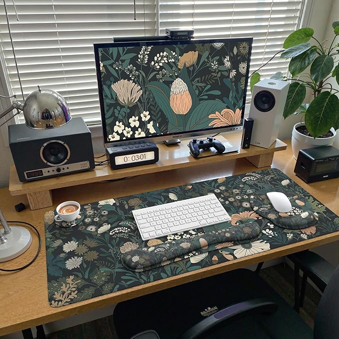 iCasso Desk Cover Mat, 4in1 Floral Large Mouse Pad with Wrist Rest, Desk Matt for Desktop, Anti-Slip XXL Big Computer Ergonomic Mousepad with Wrist Support for Keyboard and Mouse (Weeds)