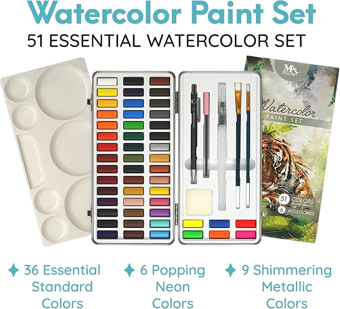 MozArt Supplies - Watercolor paint set 51 Vibrant Colors + accessories - For beginners & professionals