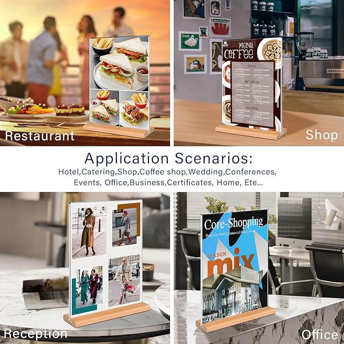 Kersally Acrylic Sign Holder 5 x 7, 3 Pack Double-Sided Clear Table Display Stands with Wood Base,Vertical Acrylic Frame Menu Flyer Paper Holder for Stores, Restaurants, Hotels, Office, Show Fair
