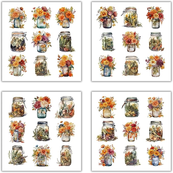 XERE 144 Pcs Mason Jar Four Seasons Sticker Book for Journaling Notebooks, Sketchbook, Bookmark Making, Junk Journal, Budget Planner, Scrapbook Art Supplies Stickers