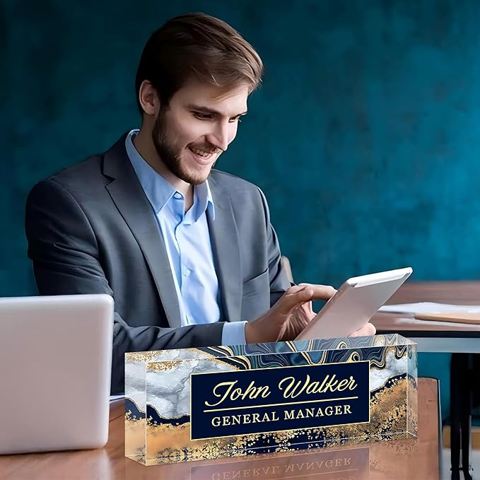 Ship Next Day Personalized Name Plate for Desk, Custom Acrylic Desk Name Sign, Office Appreciation Gifts for Women Men Coworkers Boss Teacher Employee (Navy Coast)