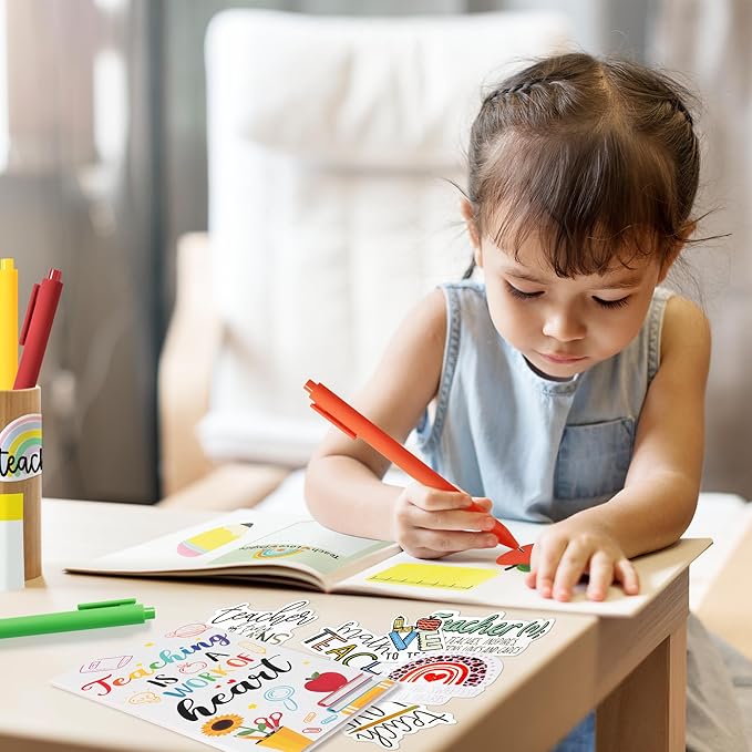 Xqumoi 3 Pack Teacher Sticky Notes with Pen Stickers Stationery Set Black Gel Ballpoint Pens Teacher Self-Stick Notes Pads Rainbow Apple Vinyl Stickers Back to School Office Supplies Gift with Box