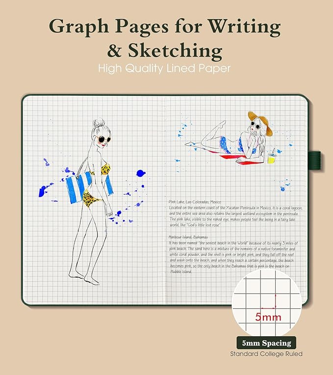 Graph Notebook for Women Men, 160 Pages Grid Paper Journal, A5 Hardcover Vintage Leather Graphing Notebooks for School, Work, College Ruled, Inner Pocket, 5.8"x8.5" (Green)