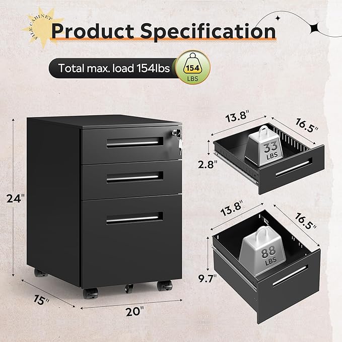 DEVAISE 3-Drawer Metal File Cabinet with Lock, Mobile Filing Cabinet Under Desk for Home Office, Fully Assembled Printer Stand fits A4/F4/Letter/Legal Size, Black, 20" D x 15" W x 24" H