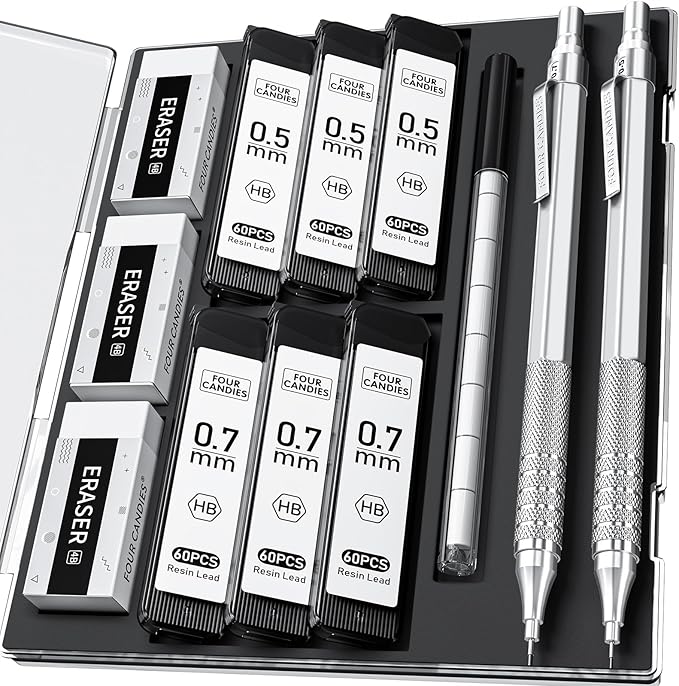 Four Candies 2PCS Metal Mechanical Pencils Set with Case, 0.5mm & 0.7 mm Artist Pencil with 6 Tubes (360PCS) HB Lead Refills, 3 Erasers,9 Eraser Refills For Writing Drafting, Drawing, Silver