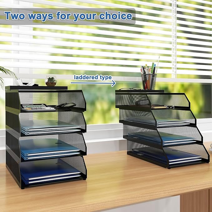 Natwind 4-Tier Stackable Paper Tray, Metal Mesh Desktop Organizer, Paper Sorter, Letter Trays,File Document Storage Rack for for Home, Office, School (Black)