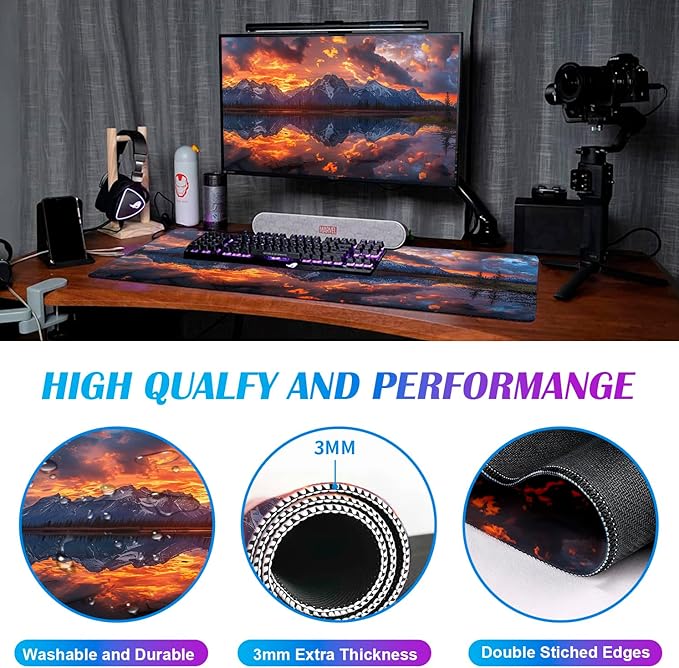 Volcanic Lava Scene Ultra Large Computer Desk Pad, Anti Slip Keyboard Pad, Customized Thick Large Stitched Edge Mouse Pad for Office 35.4 x 15.7 Inches