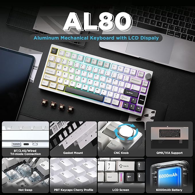 YUNZII AL80 Wireless Mechanical Keyboard,Full Aluminum CNC, Smart LCD Display,Hot Swappable Gasket Mount 75% Layout with Knob,BT/2.4G/USB-C,QMK/VIA Support for Win/Mac (Silver, Gateron Zero Switch)
