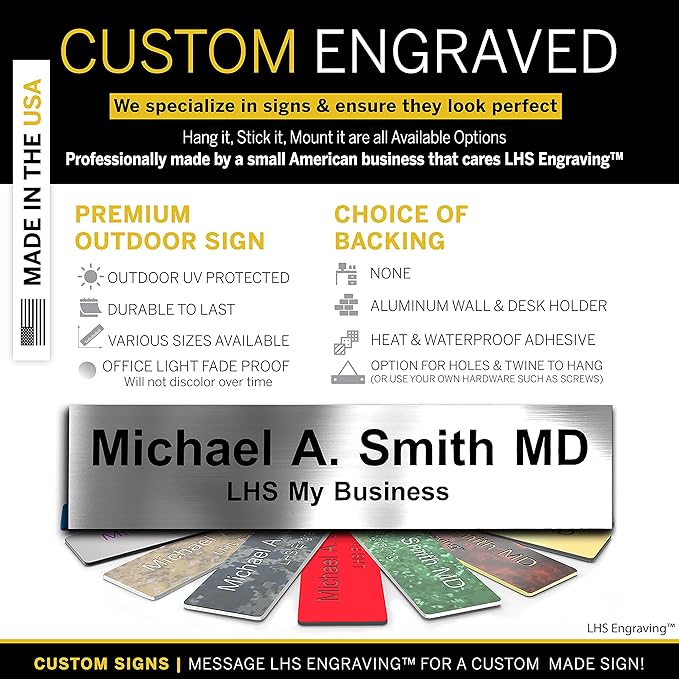 Door Name Plate Personalized for Office Brushed Steel Plastic Name Plate Black Letters - Made in USA 2x10 M1