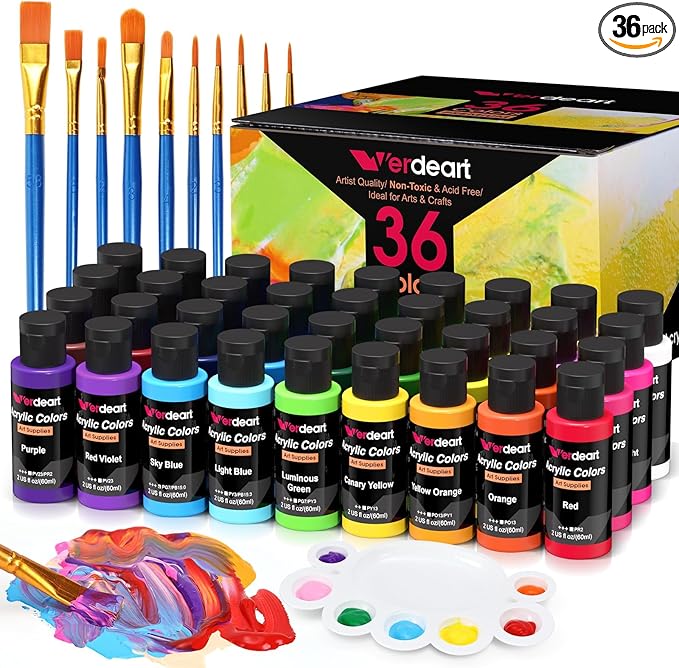 Acrylic Paint Set - 36 Colors 2 oz/59 ml Acrylic Paints for Professional Artists with 10 Brushes , Art Supplies for Painting Canvas Rock Wood Ceramic Glass Art Craft Painting, Rich Pigments Lasting Quality for Beginners, Students & Professional Artist